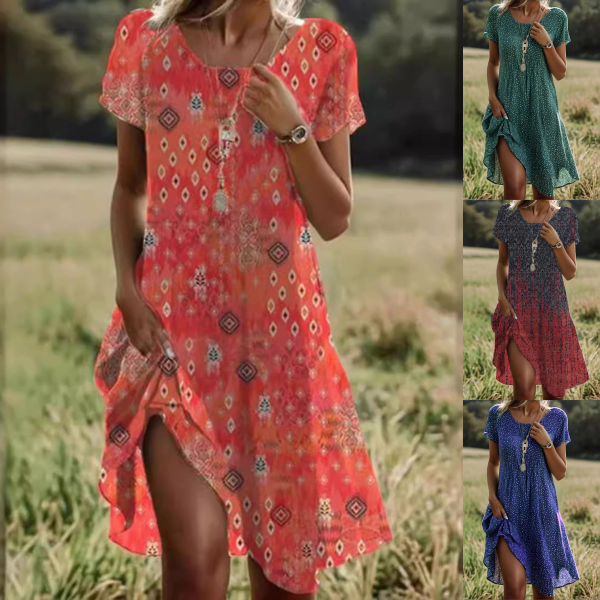 🔥👗【S-3XL】👗Noua colecție primăvară-vară 2025, rochie lejeră din in cu flori și decolteu rotund.
