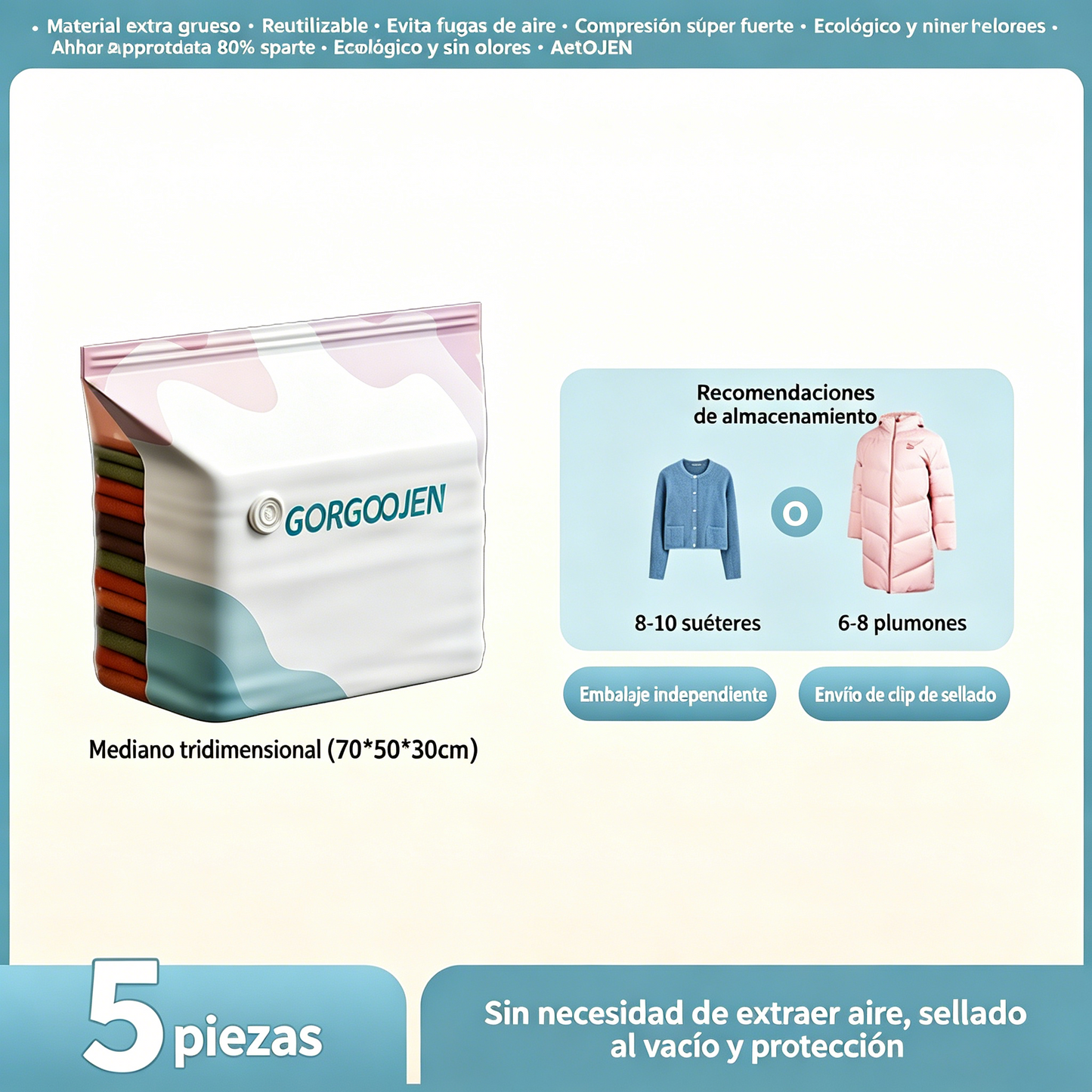 🧳 5 artículos 💨 Bolsa de almacenamiento al vacío grande y compresible: no requiere bomba, es a prueba de fugas e ideal para ahorrar espacio en maletas y en casa ✈️