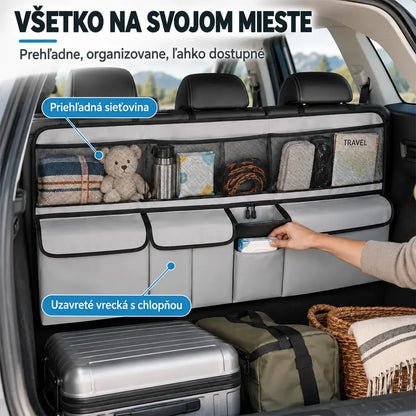 🚗📦 Závesný organizér do kufra auta – rozmery 105 x 51 cm, uvoľní podlahu kufra, kompatibilný s SUV a rodinnými autami, farby čierna a sivá.