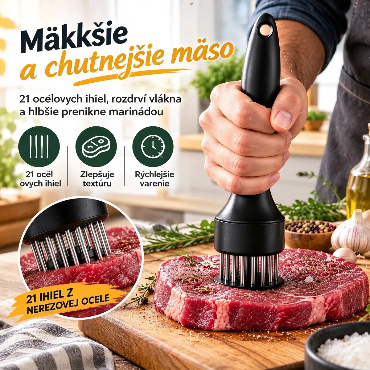21-hranná ihla na zmäkčovanie mäsa z nehrdzavejúcej ocele na steaky, grilovanie a varenie.