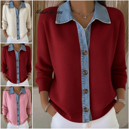 🔥🎉【Špeciálna ponuka✨】【S-3XL】🌷🙌Nový model zimného dámskeho džínového pleteného cardiganu, s kombinovaným tlačeným vzorom.