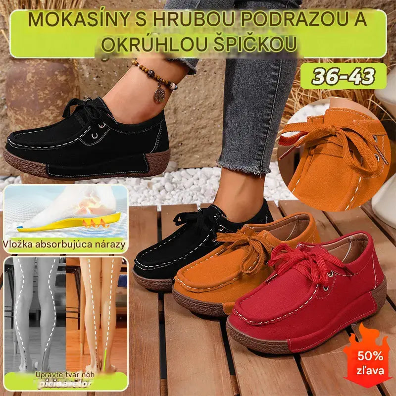 🔥🌞【Zľava 50 %!】Dámske topánky s hrubou podrážkou a okrúhlou špičkou – pohodlné a štýlové topánky s oporou pre chodidlá, ktoré tlmia nárazy a pomáhajú pri správnom držaní tela.