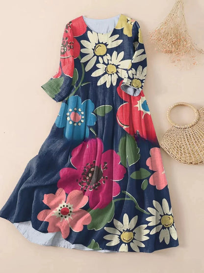 【S-3XL】🌼2024 nové kvetinové skladané šaty s okrúhlym výstrihom💕