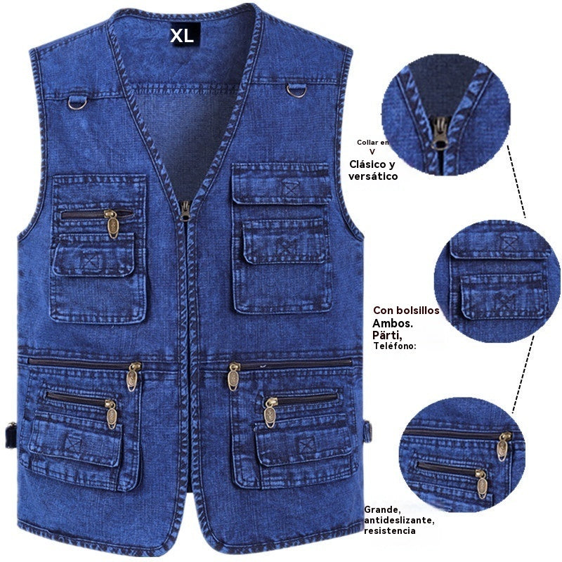 🔥【Oferta por tiempo limitado】【XL-7XL】2025 Chaleco vaquero multibolsillos para hombr