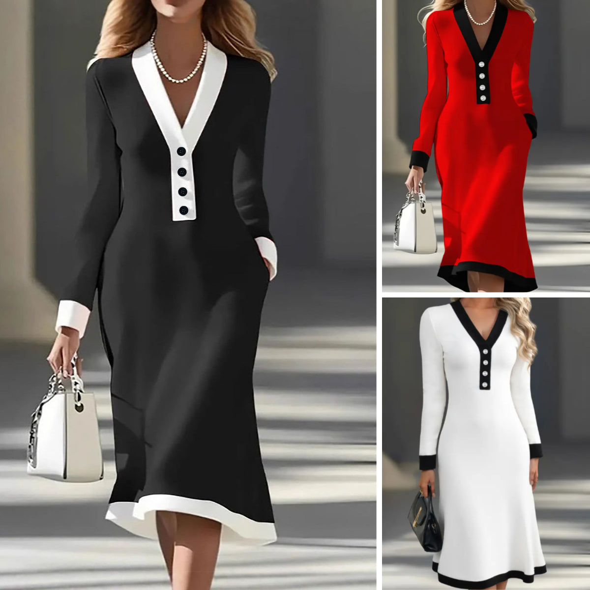 🌷【S-3XL】🌞 Elegantna kontrastna midi haljina koja oblikuje figuru, naglašava ženstvenost i podiže svaki svakodnevni ili poslovni stil