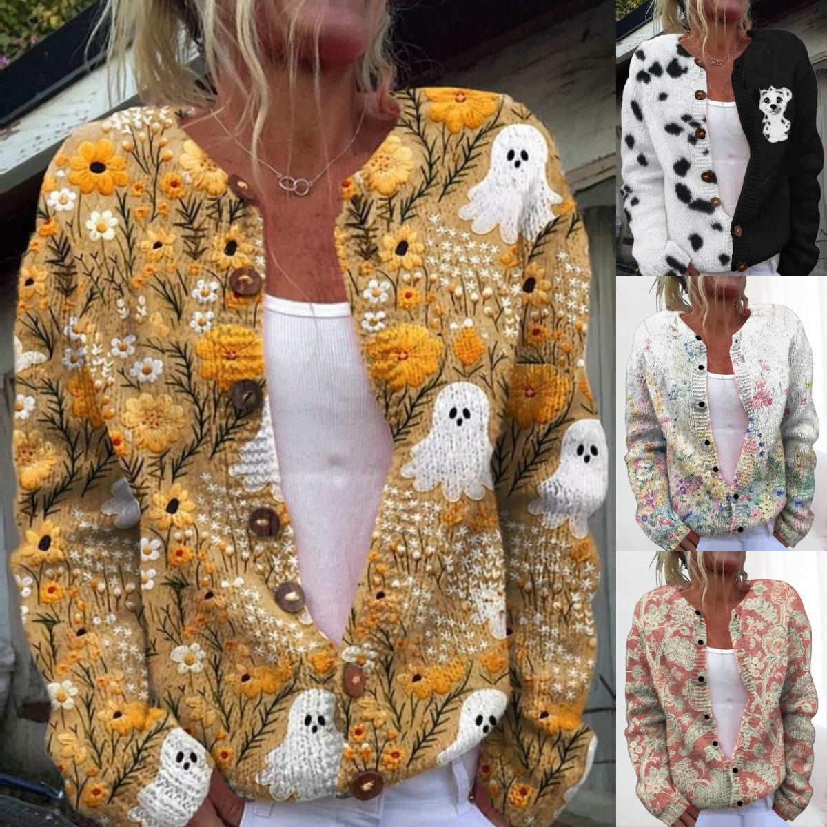 🎀【50% zľava】【M-4XL】🌺💥Stylový a teplý dámsky pletený kardigan s potlačou – Ideálny na jeseň a zimu