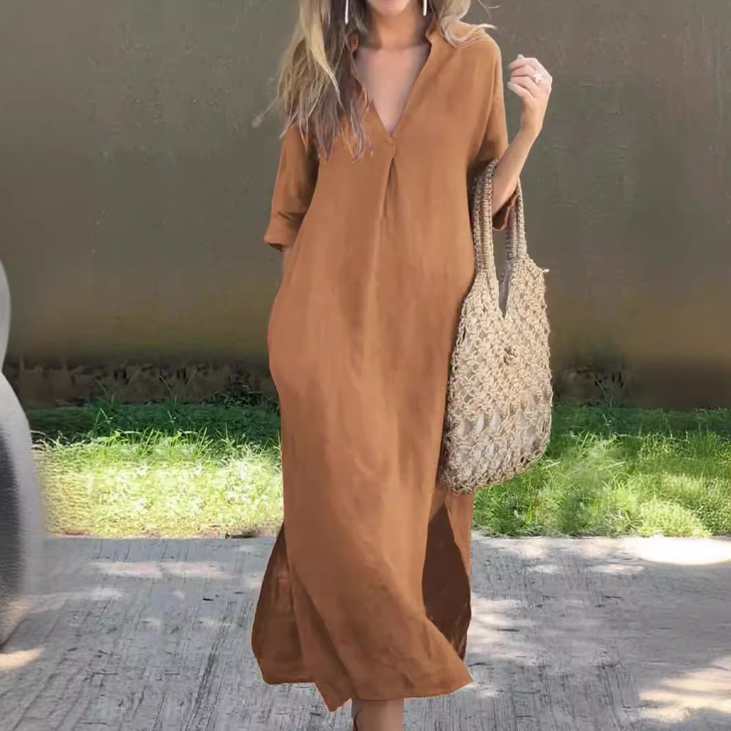 💖【50% popusta 🔥】【S–3XL】Duga haljina od lana s V-izrezom i prorezima, udobna i lagana za ljeto