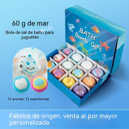 Sada 12 guľôčok so soľou do kúpeľa v tvare morských živočíchov (60 g každá), vhodné pre deti.