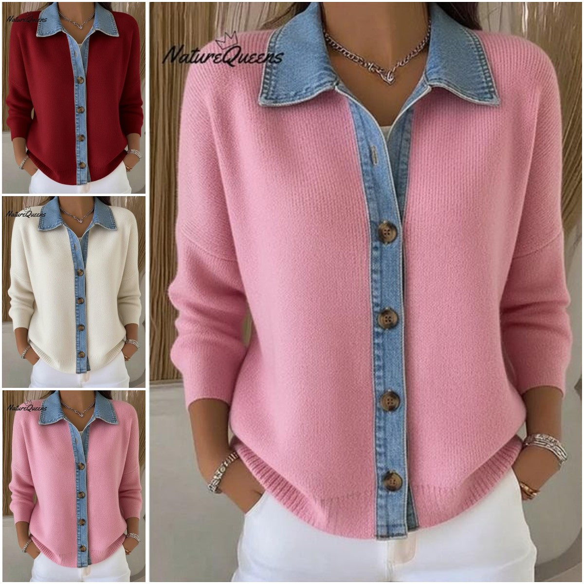 🔥🎉【Špeciálna ponuka✨】【S-3XL】🌷🙌Nový model zimného dámskeho džínového pleteného cardiganu, s kombinovaným tlačeným vzorom.