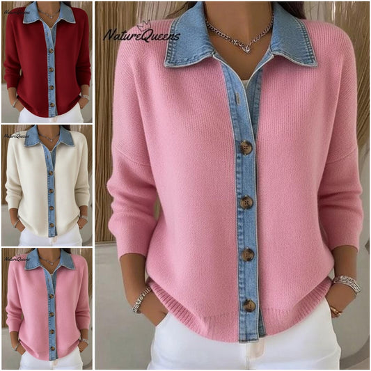 🔥🎉【Špeciálna ponuka✨】【S-3XL】🌷🙌Nový model zimného dámskeho džínového pleteného cardiganu, s kombinovaným tlačeným vzorom.