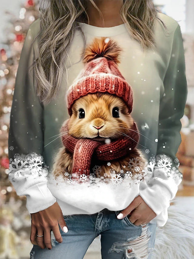 🎉【Zimný bestseller】💥【kupte 1 a získejte 1 zdarma】🐶🐇 Módna roztomilá mikina so potlačou zajaca a šteniatka – Dámska pohodlná a štýlová mikina s okrúhlym výstrihom, ideálna na každodenné nosenie