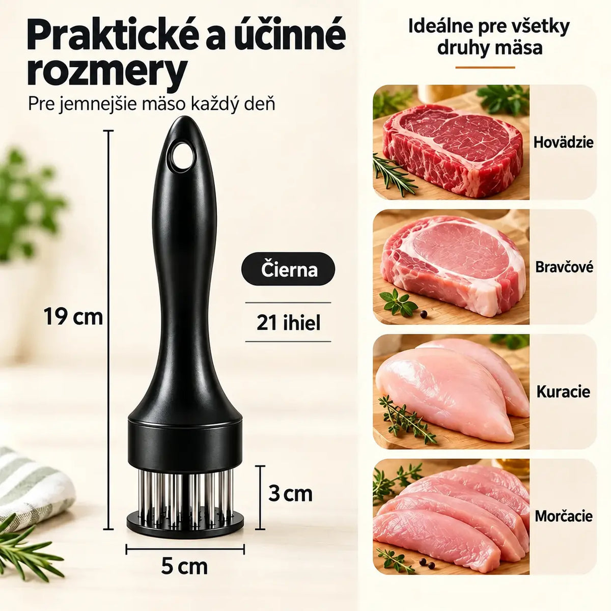 21-hranná ihla na zmäkčovanie mäsa z nehrdzavejúcej ocele na steaky, grilovanie a varenie.
