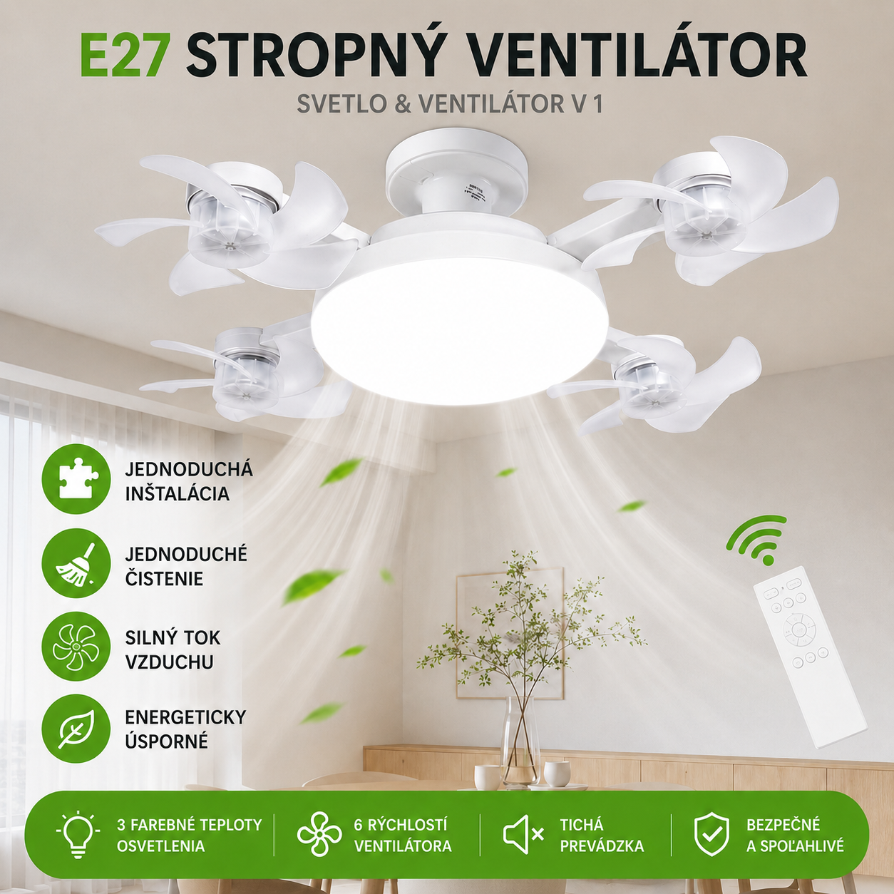 【50% zľava na objednávky uskutočnené dnes】Štvorlopový ventilátor, žiarovka E27 a diaľkové ovládanie