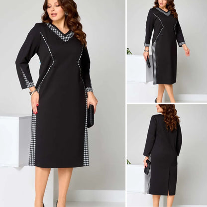【S-5XL】Rochie elegantă cu design în două culori și decolteu în V pentru toamnă-iarnă | Croi care subțiază și alungește silueta, confortabilă și călduroasă--3871041 