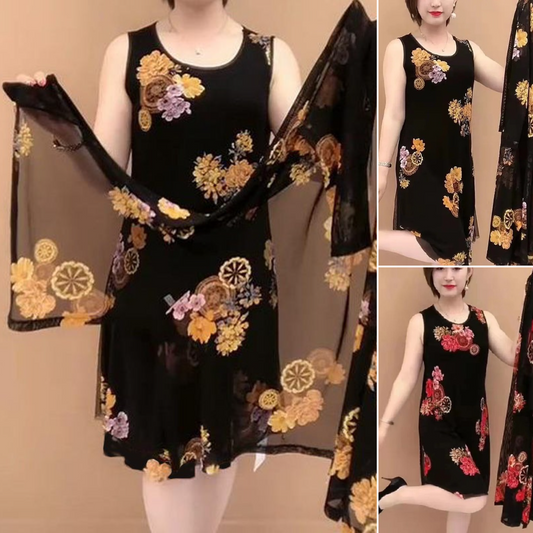 🔥🎉【Stil nou de vară】Rochie nouă din două piese pentru doamne de vârstă mijlot și în vârstă, cu imprimeuri la modă 