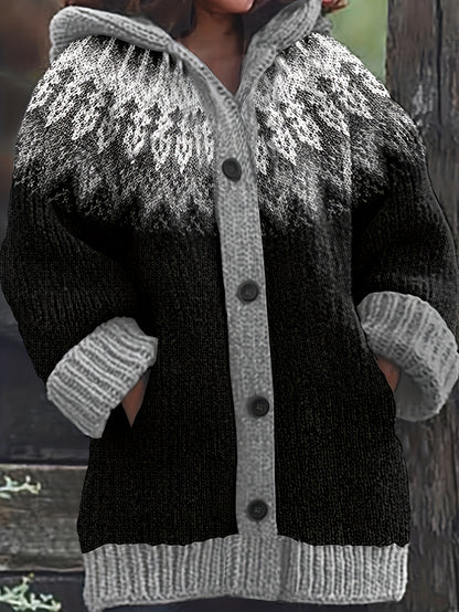 🎄【Vianočné špeciálne vydanie】🎁【S~5XL】✨ Elegantná retro potlačená farebná bunda s kapucňou – hrubá pletená tkanina, teplá a pohodlná pre zimné dni