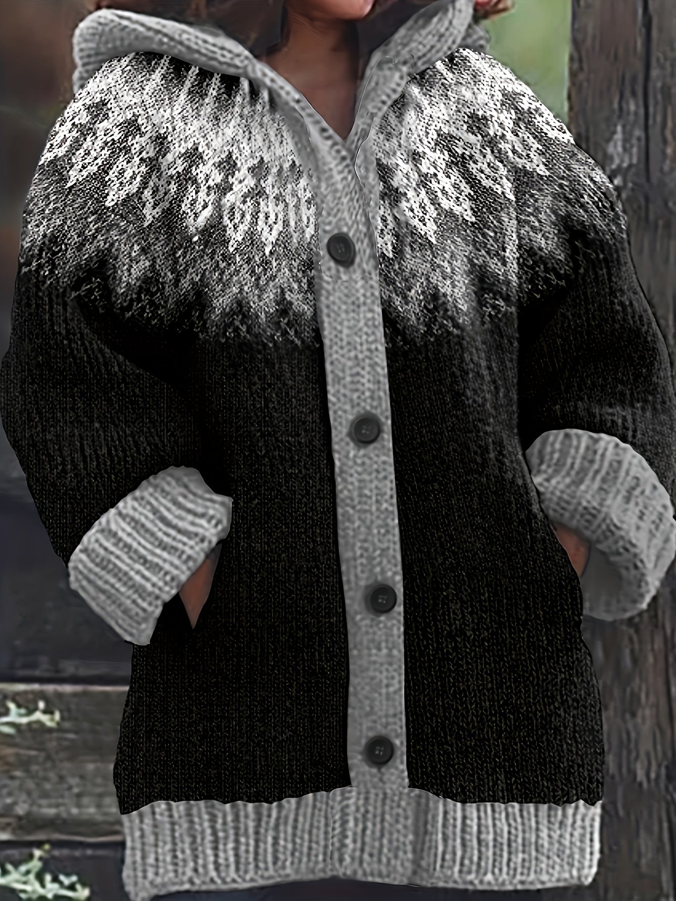 🎄【Коледно специално издание】🎁【S~5XL】✨ Елегантно ретро щампирано цветно яке с качулка – дебела плетена тъкан, топло и удобно за зимни дни.