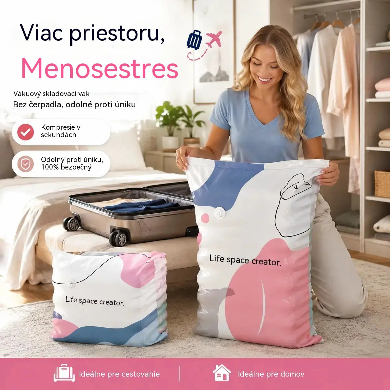 🧳【5-dielna sada】💨 Veľké, stlačiteľné vákuové úložné vrecko: nevyžaduje pumpičku, je nepriepustné a ideálne na úsporu miesta v kufri a doma ✈️