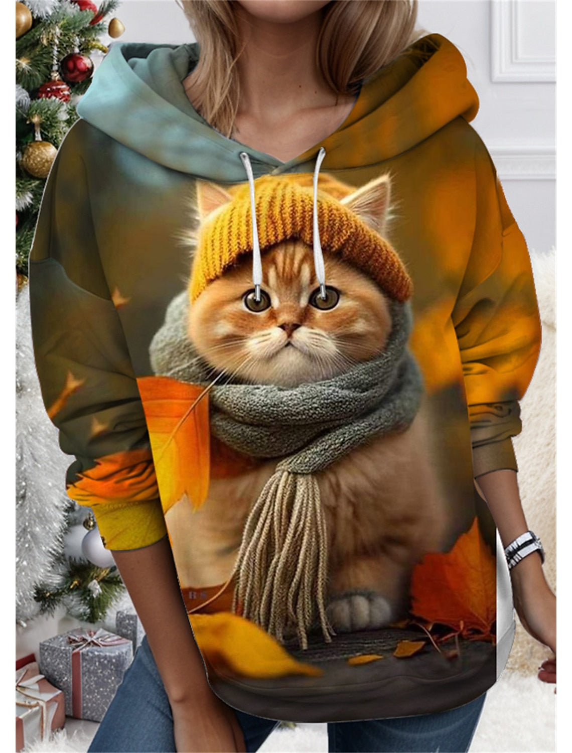 🎃🎄【Коледен лимитиран модел】【S-3XL】🐱 Дамски суичър с 3D отпечатан мотив на котка и животно – Луксозен, мек и топъл, идеален за зимата