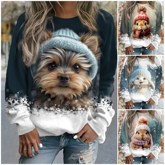 🎉【Zimný bestseller】💥【kupte 1 a získejte 1 zdarma】🐶🐇 Módna roztomilá mikina so potlačou zajaca a šteniatka – Dámska pohodlná a štýlová mikina s okrúhlym výstrihom, ideálna na každodenné nosenie