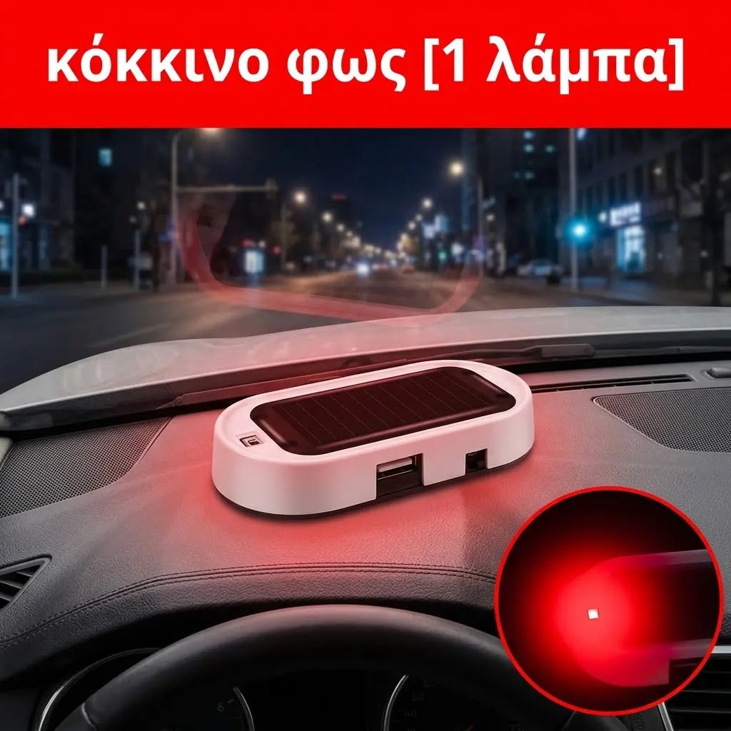 🚗 Solárne LED výstražné svetlo proti krádeži — automatické blikanie v noci, bez káblov, dostupné v bielej a čiernej farbe.