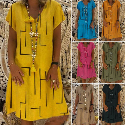 🏆👗【Časovo obmedzená polovičná cena pre sezónnu zmenu】Nové pohodlné šaty s výstrihom do V, štýlový dizajn, retro potlač