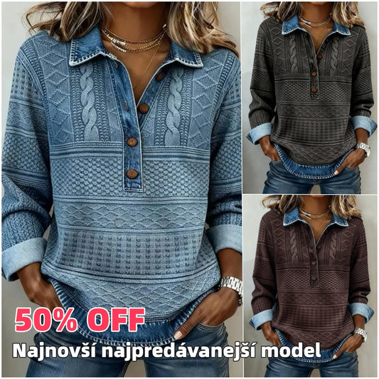 🎁【50% ОТСТЪПКА】【S-5XL】💟 Уникална дамска блуза с винтидж деним детайли и висок як – Съчетание на комфорт и модерен стил!