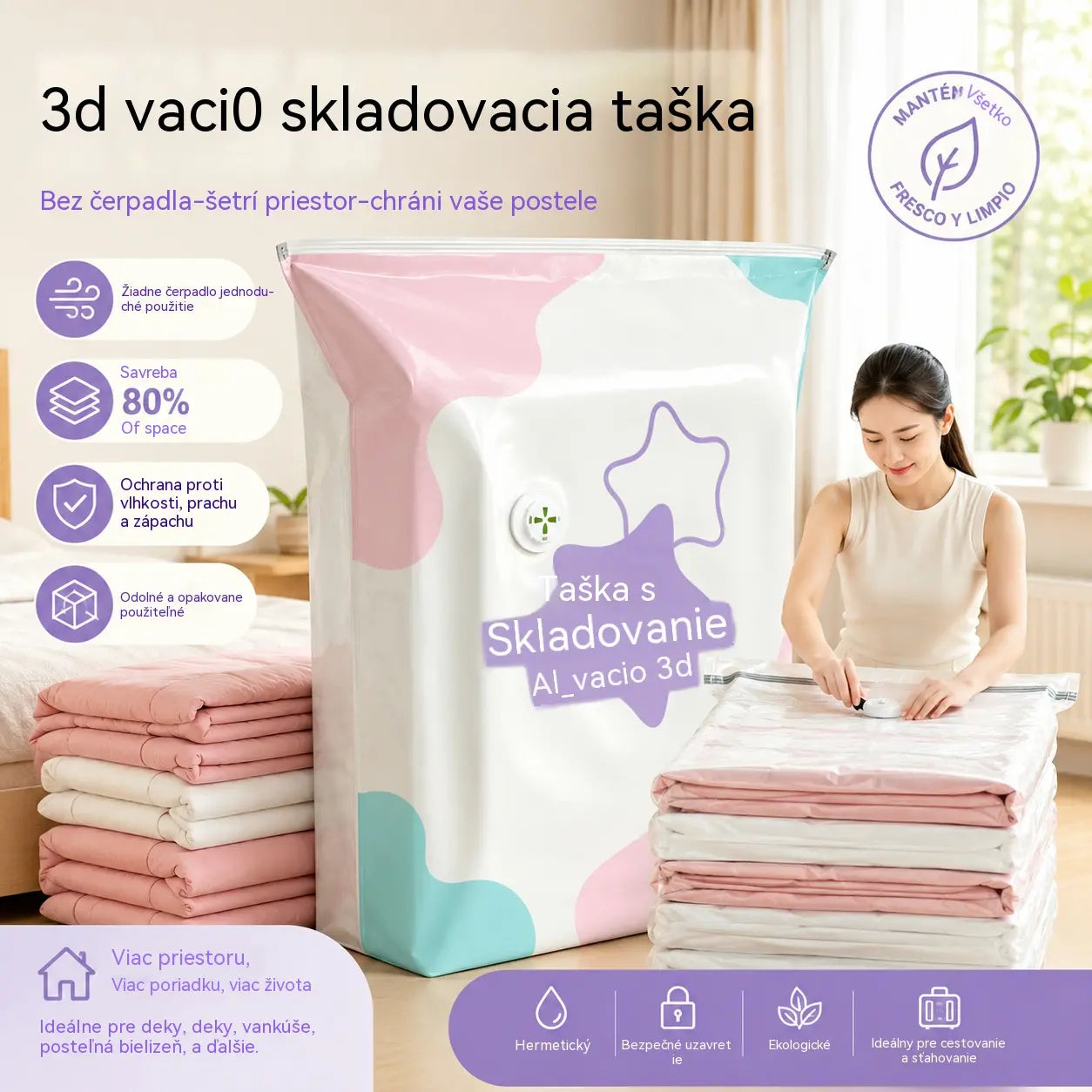 🧳【5-dielna sada】💨 Veľké, stlačiteľné vákuové úložné vrecko: nevyžaduje pumpičku, je nepriepustné a ideálne na úsporu miesta v kufri a doma ✈️