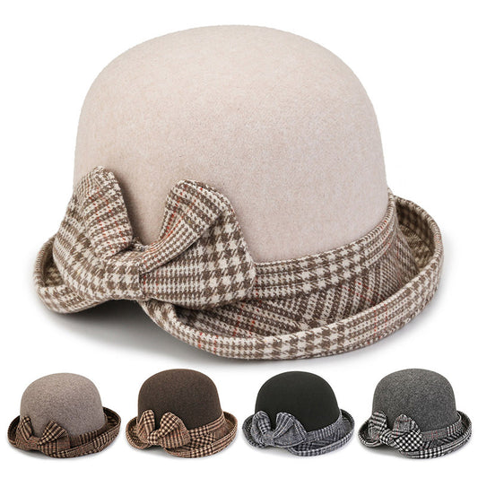 👒💃【¡Compra 1 y llévate otro gratis!】Gorro de lana ondulado para mujer, ideal para otoño e invierno, con lazo a cuadros.